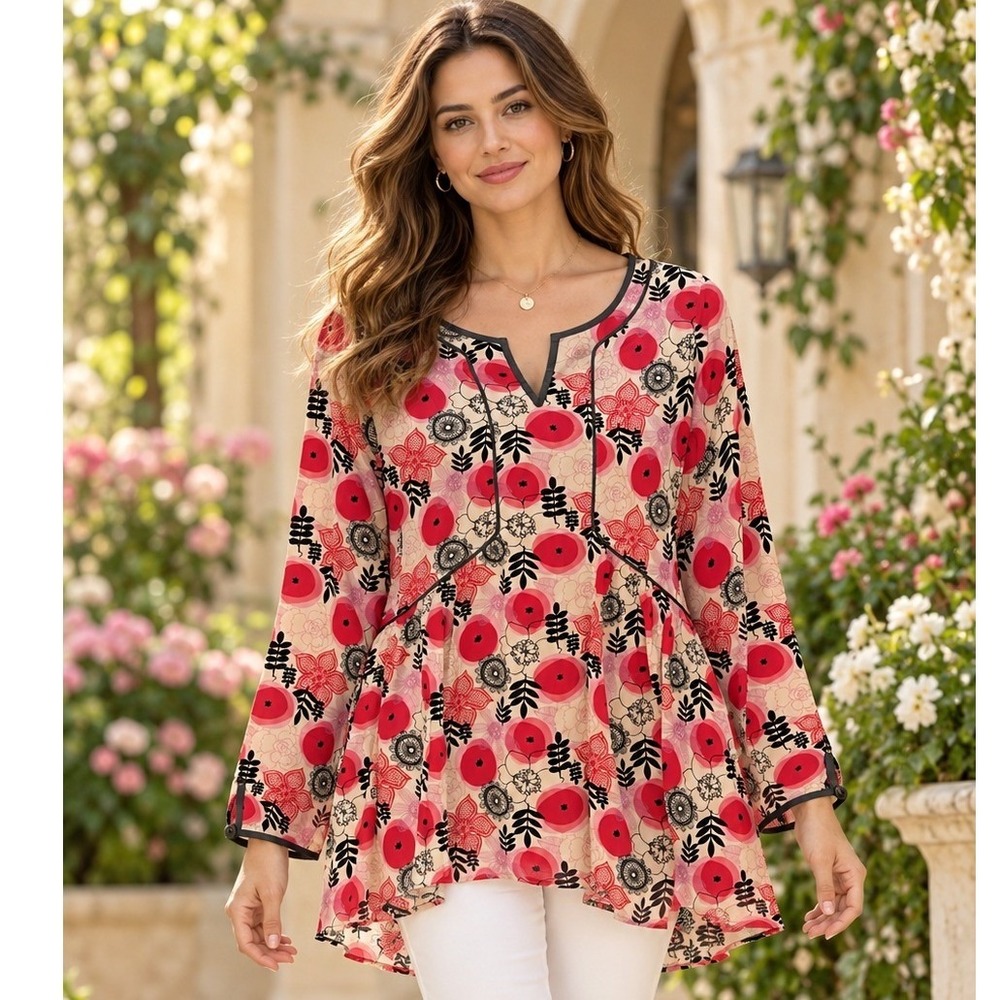Matilda Jane Floral Peplum Tunic Top Red Pink Boho Rayon Blouse Small